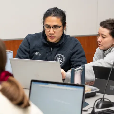 UNE COM students study in groups in Leonard Hall